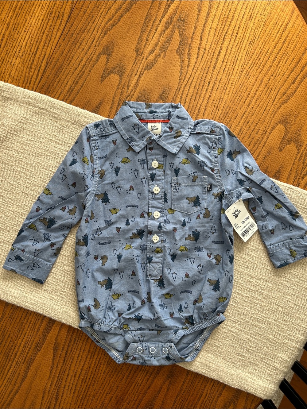 Baby B’Gosh Blue Camping Bear Printed Long-Sleeve One-Piece Bodysuit Size 12-18M